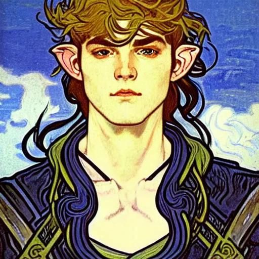 Image similar to portrait painting of young handsome beautiful paladin elf!! man with long! wavy dark hair and blue eyes in his 2 0 s named taehyung minjun james, pale, wearing armor!, gorgeous hair, elf ears, icy eyes, elegant, cute, delicate, soft facial features, art by alphonse mucha, vincent van gogh, egon schiele,