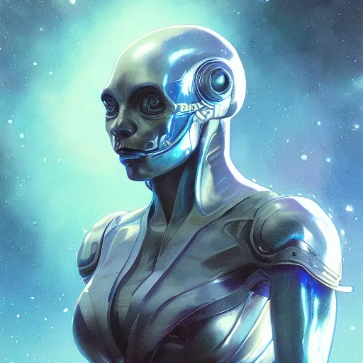 Image similar to portrait of a blue alien wearing a tight and smooth space suit, intimidating, intricate, headshot, highly detailed, digital painting, artstation, concept art, sharp focus, cinematic lighting, illustration, art by artgerm and greg rutkowski, alphonse mucha, cgsociety