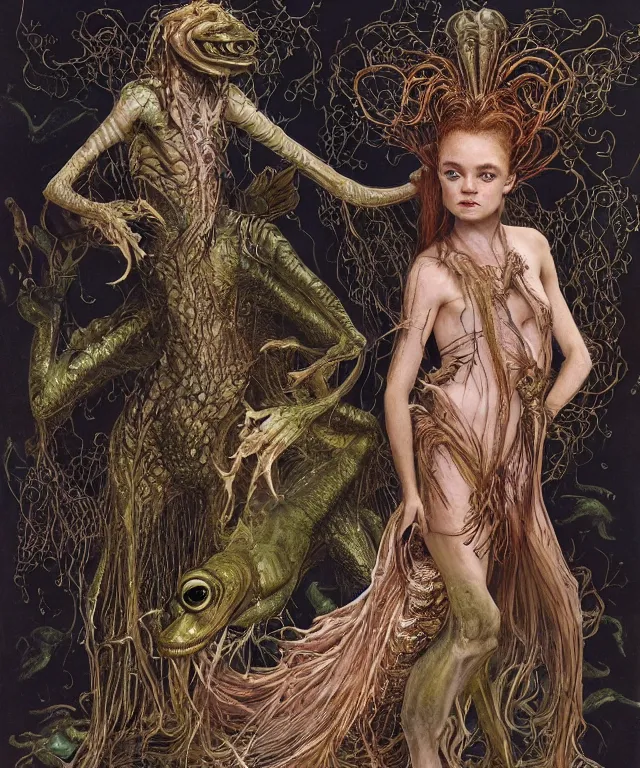 Prompt: a portrait photograph of a fierce sadie sink as an alien harpy queen with slimy amphibian skin. she is trying on evil bulbous slimy membrane parasitic fetish fashion and transforming into a succubus insectoid amphibian. by donato giancola, walton ford, ernst haeckel, brian froud, hr giger. 8 k, cgsociety