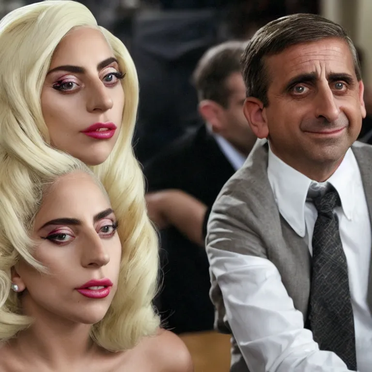 Image similar to confused lady gaga looking at the camera while steve carell smiles behind her, from the office ( 2 0 0 5 ), detailed background, uhd, low light, cinematic, realistic, clear face, clear eyes.