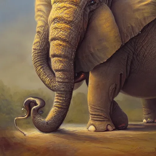 Prompt: a creature that is half elephant and half frog, oil painting by justin gerard