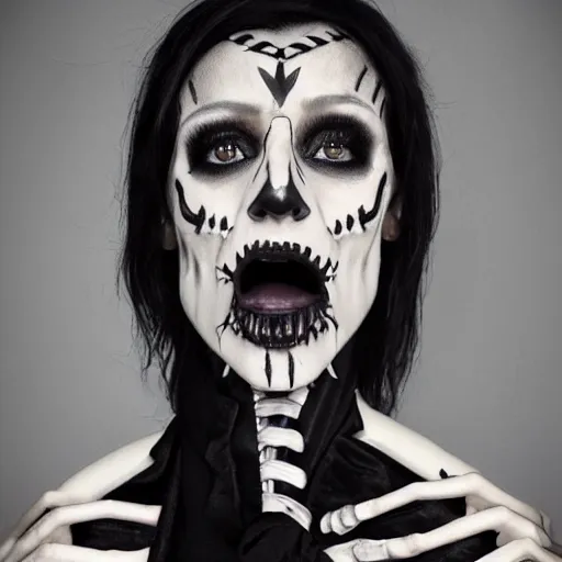 Image similar to a portrait of a scrawny teenage girl with short black hair and black irises. black and white skull facepaint. pointed face. black robes, corset of rib bones, femme-androgynous. surrounded by skeletons. holding a skull. black white and light blue color scheme, oil painting, matte painting, black background, Highly Detailed, Cinematic Lighting, Unreal Engine, 8k, HD, by Beksinski