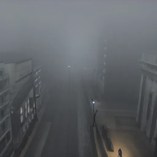 Image similar to overhead view of foggy streets in style of silent hill one, realistic, detailed, 4 k