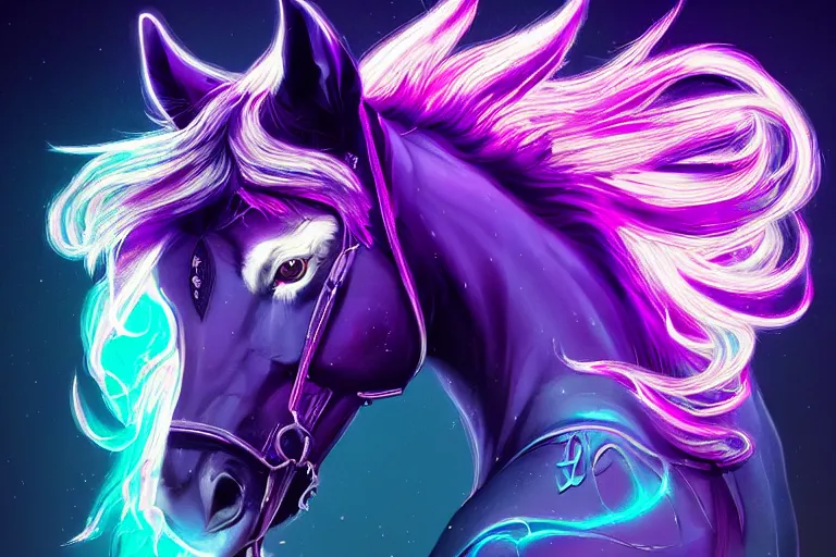 Prompt: a stunning horse with bioluminescent mane and tail by sandra chevrier and greg rutkowski, neon hooves, purple blue color scheme, vaporware, retro, outrun, high key lighting, volumetric light, digital art, highly detailed, fine detail, intricate, ornate, complex, octane render, unreal engine, photorealistic