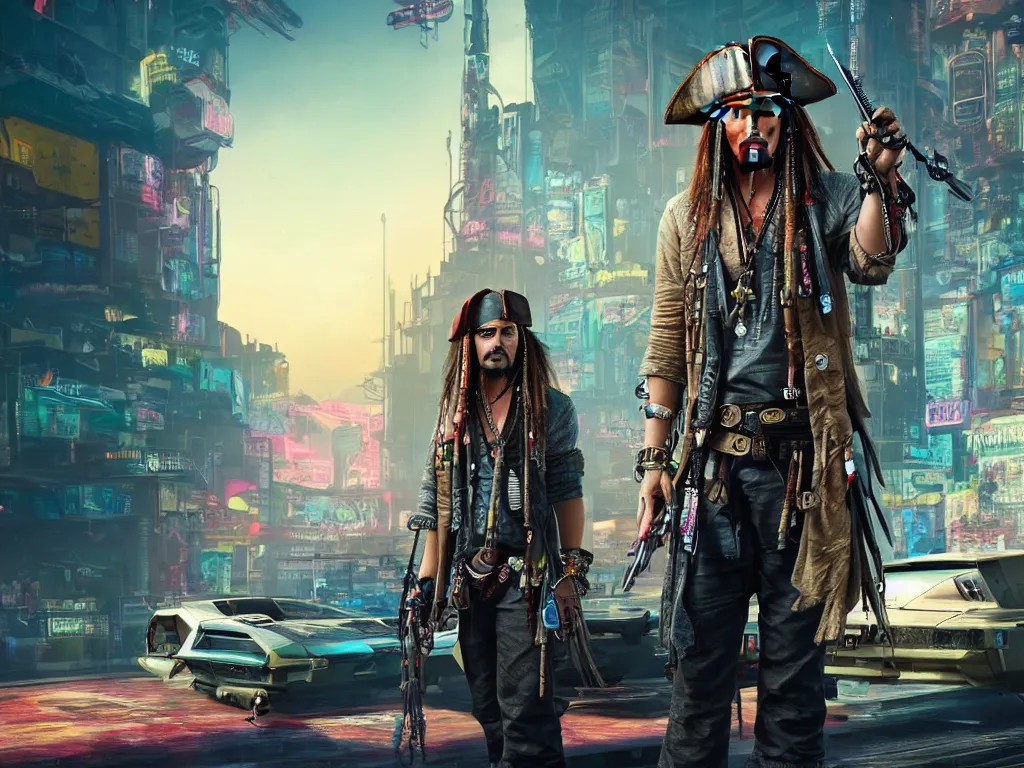 Image similar to jack sparrow in the game of cyberpunk 2 0 7 7, portrait, focus, 3 d illustration, sharp, intricate, poster, jack sparrow standing in front of the futuristic car, night city dystopian cyberpunk city in the background