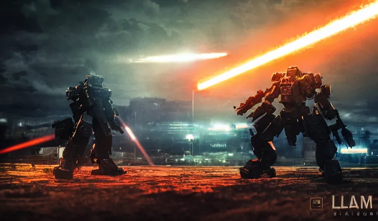 Image similar to an armored core v by liam wong, booster flares, legs, laser rifles, karst landscape, outdoor, dark blue sky, cloud, wilderness ground, golden time, twilight ; wide shot, digital painting, photoreal, cinematic contrast, dynamic backlighting, sharp edge, motion blur