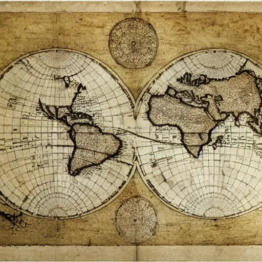 Prompt: world map drawn by Leonardo da Vinci