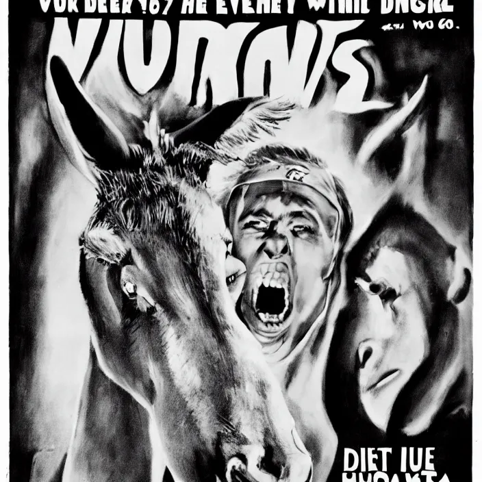 Image similar to 1 9 6 0 s horror movie poster featuring a very evil donkey staring into the camera very detailed 8 k black and white