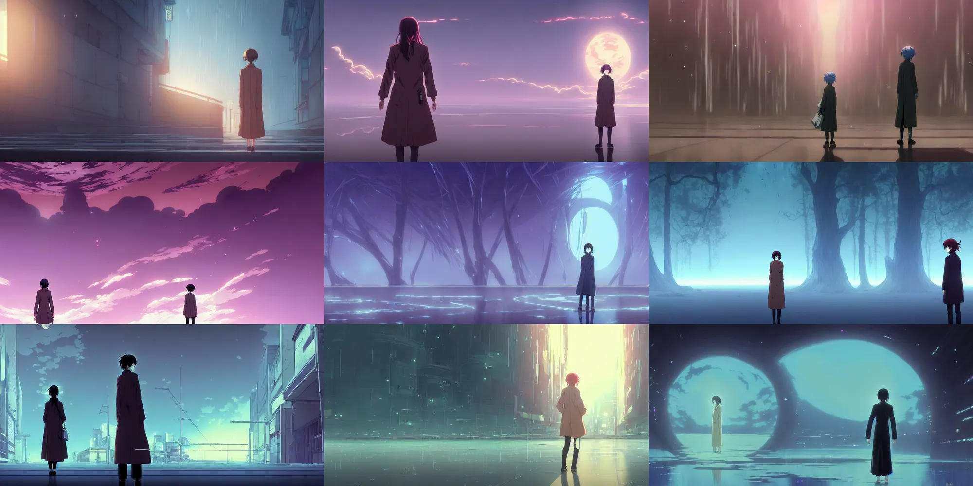 Prompt: a high definition screenshot from the haunting and surreal science fiction anime anime anime film ; a lone lone single alone!!!!!!! female detective wearing a trenchcoat investigates a strange and ethereal dreamworld, digital painting by ( makoto shinkai ), moebius moebius, surrealism, trending on artstation