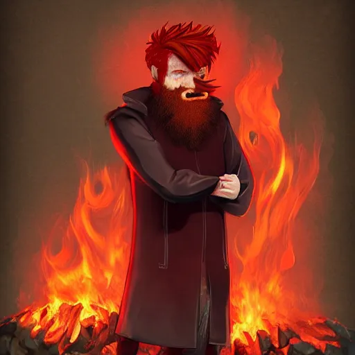 Image similar to red haired man with red beard, looking grumpy, wearing black coat, fire behind him, funny, fantasy artwork, fantastic artwork, 4 k, trending on artstation