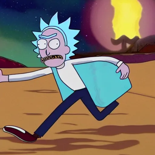 Image similar to an episode from rick and morty where rick surf on skate in the shape of morty