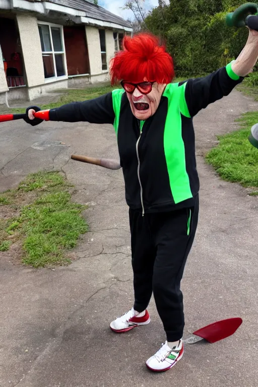 Prompt: old lady screaming and laughing, red dyed hair, glasses, dressed in a green and black Adidas tracksuit, carrying a large sledgehammer