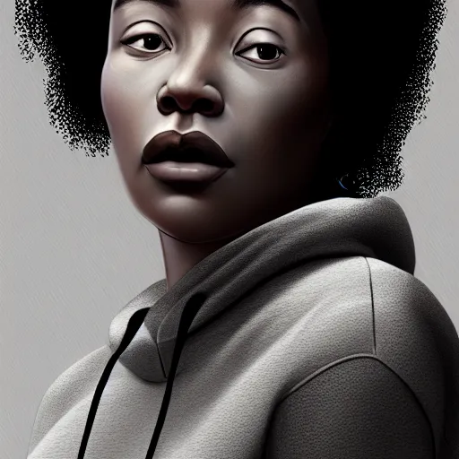 Image similar to portrait of a black asian woman - alyx vance wearing a gray hoodie, sci - fi, intricate, elegant, highly detailed, digital painting, artstation, concept art, smooth, sharp focus, illustration, by bartek fedyczak, erak note, tooth wu, neil richards, kan liu, siwoo kim, jisu choe