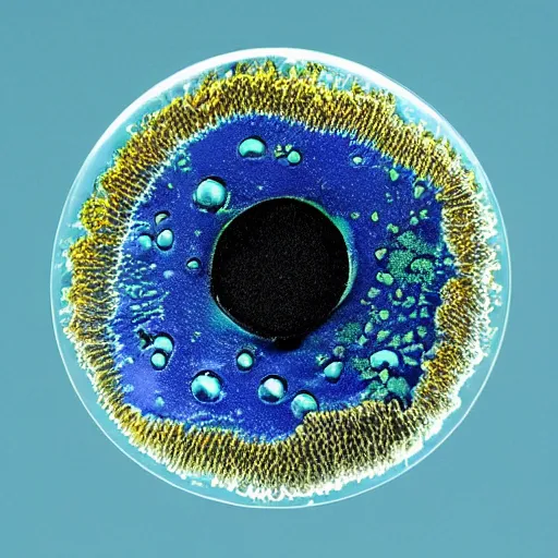 Image similar to microscopic petri dish photo of a transparent sectioned cobalt blue - green flagellated bacteria, aeruginosa, microscopic photo, macro, dark black background, fluids inside