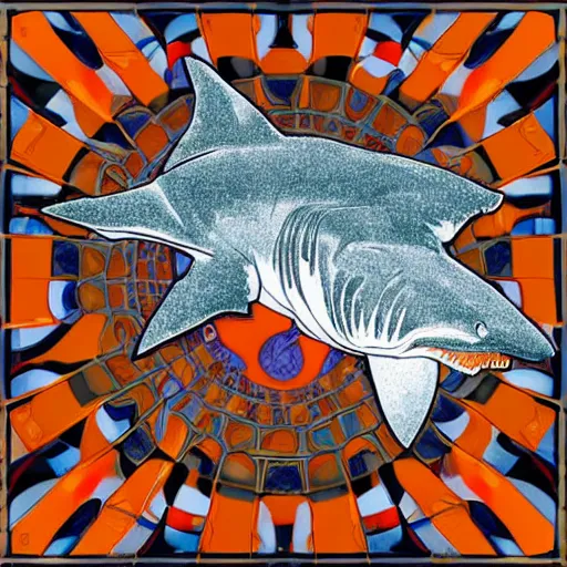 Image similar to great white shark, side view, with a silver and orange striped traffic cone construction cone on its dorsal fin, mandala background fractal background detailed - ron cheng & alphonse mucha, highly detailed, digital painting, ray tracing, concept art, illustration, smooth sharp focus, intricate, symmetry, artstation,