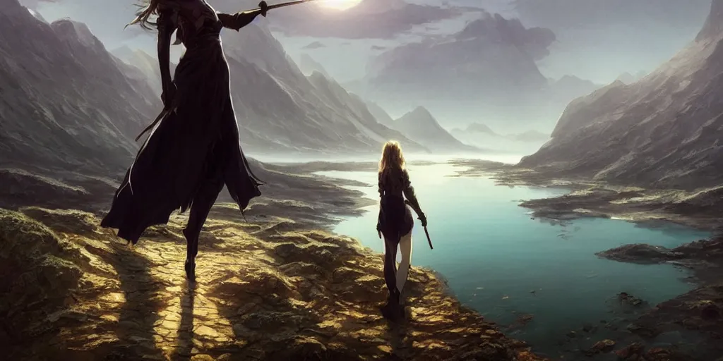 Image similar to fantasy world, in the middle is a huge lake with a little plain around it, behind it are mountains and rivers, art by artgerm and greg rutkowski, ilya kuvshinov, yoji shinkawa, intricate, elegant, sharp focus, illustration, highly detailed, concept art, matte, trending on artstation, anime, beautiful sunlight and shadows