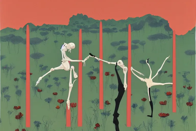 Image similar to ballet dancers crows, train far, eye - flowers, blooming hills with spring flowers, trees make from bones, red liquid splashes, monsters, and pillars by helen lundeberg