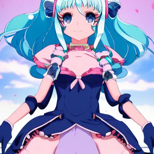 Prompt: viewed from frog's perspective, stunningly beautiful omnipotent megalomaniacal anime goddess with porcelain skin, pink twintail hair and mesmerizing cyan eyes, symmetrical perfect face smiling in a mischievous, devious and haughty way while looking down upon the viewer, mid view, hyperdetailed, 2 d, 8 k