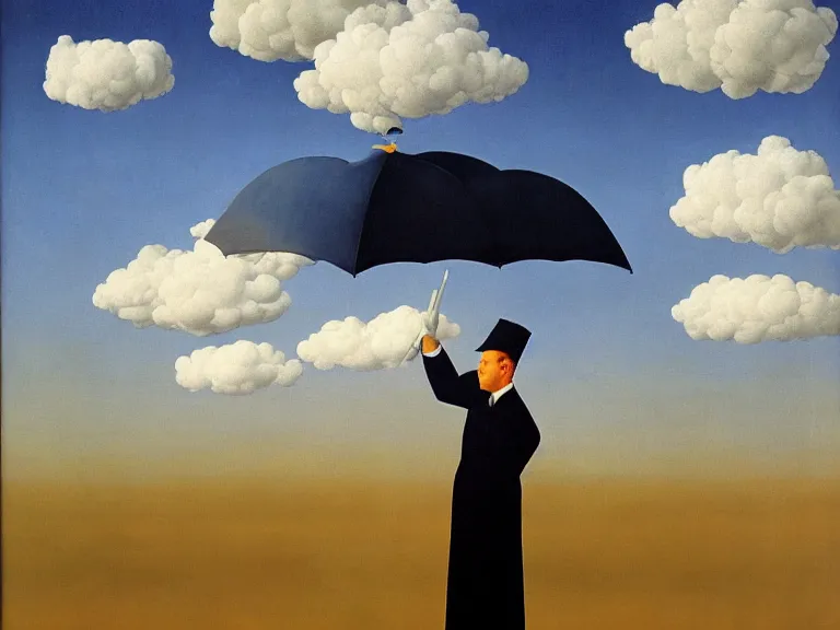 Image similar to umbrella with cloud color, painting by rene magritte, centered, high detail, high resolution