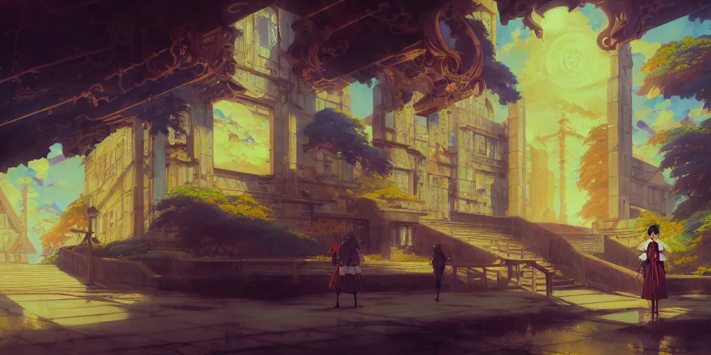 Image similar to baroque acrylic painting of key visual environment concept art, anime maid character sheet, concept design, brutalist fantasy, rule of thirds golden ratio, fake detail, trending pixiv fanbox, palette knife, style of makoto shinkai ghibli takashi takeuchi yoshiyuki sadamoto jamie wyeth james gilleard greg rutkowski chiho aoshima