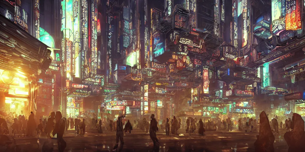 Image similar to Photorealistic cyberpunk mosque in crowded Tokyo night. Hyperdetailed photorealism, UHD, amazing depth, glowing rich colors, golden ration, 3D octane cycle unreal engine 5, 3d shading, cinematic lighting, artstation concept art