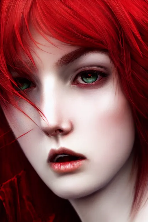 Image similar to extreme close up red haired vampire character portrait, beautiful face, cinematic lighting, hyper - detailed, cgsociety, 8 k, high resolution, in the style of charlie bowater, tom bagshaw, single face, symmetrical, headshot photograph, insanely detailed and intricate, cinematic, portrait, raphaelite, headroom, artstation, pierre - auguste renoir