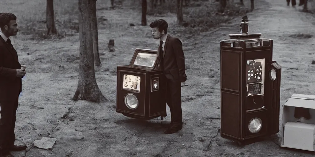 Prompt: a man in a brown suit holding a homemade time machine, cinematic, 5 0 mm lens, dramatic lighting, shot on arri alexa, filmic