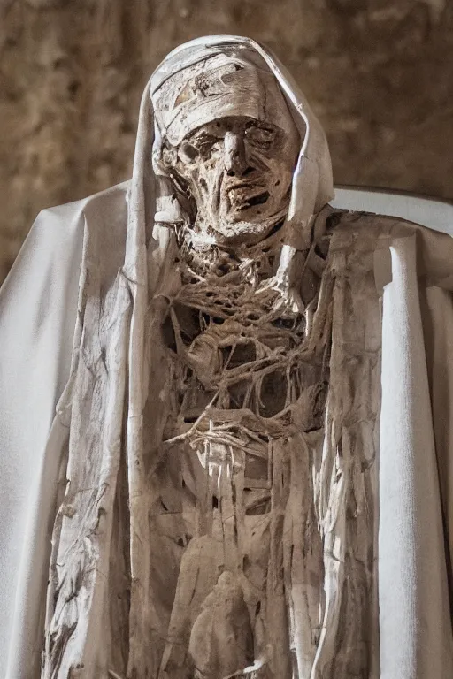 Prompt: mummified pope in his throne at the vatican, desiccated, close - up portrait, tall pontiff hat, mitre, dark, moody, ornate, hyper realistic, sharp focus, highly detailed