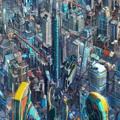 Image similar to bird's eye view of giant robots standing in the middle of a city, highly detailed, digital art, trending on artstation, very beautiful 4 k