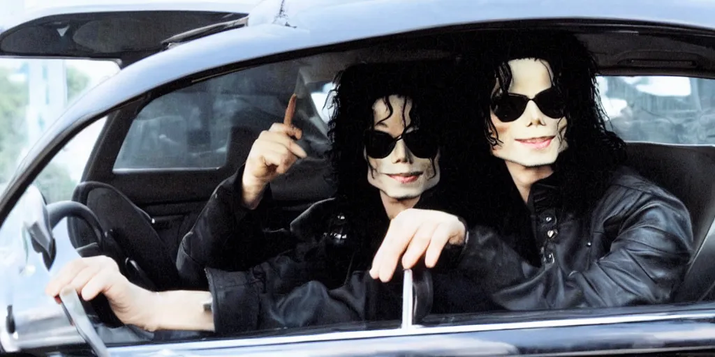 Image similar to michael jackson 2 0 0 9 wearing shades, alone, this is it style, photo real, pores, motion blur, sitting in black car with window open, by himself, real life, spotted, ultra realistic face, accurate, 4 k, movie still, uhd, sharp, detailed, cinematic, render, modern