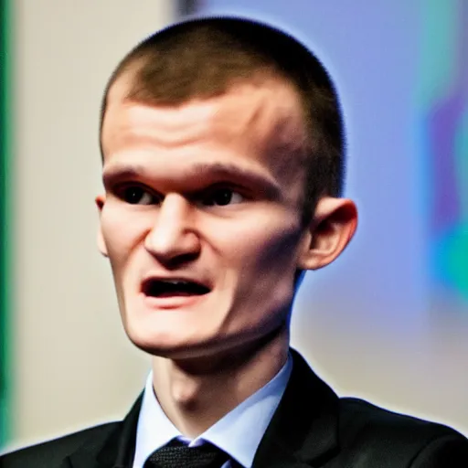 Prompt: vitalik buterin wearing a suit presenting at a conference, muscular, Canon EOS, full shot