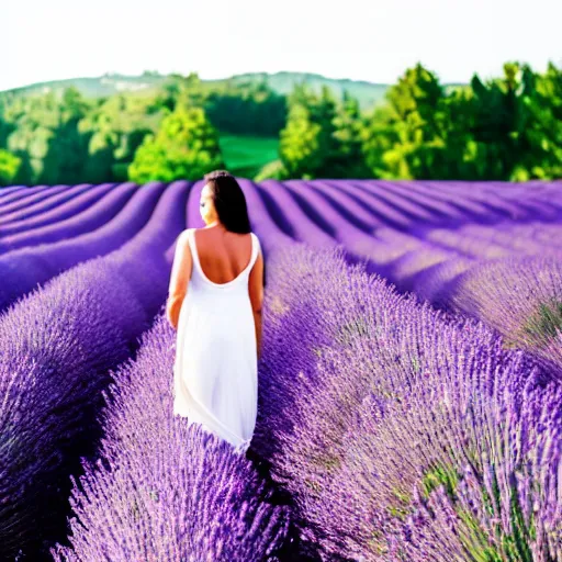 Prompt: a beautiful woman walking through a lavender field , cinematic, 8k, glowing