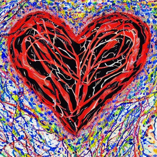 Prompt: painting of anatomically correct heart in the style of jackson pollock, anatomic!!, real heart!