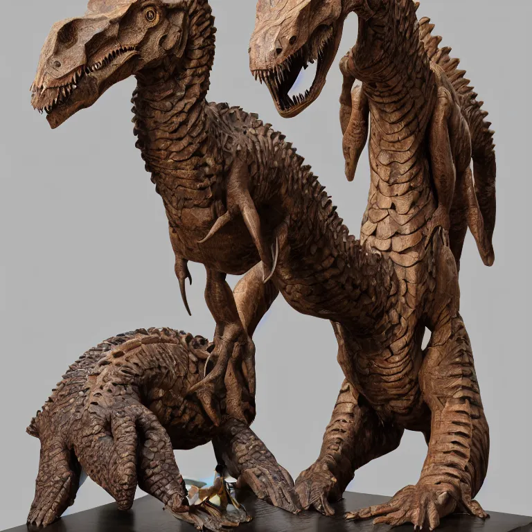 Prompt: ancient irish, celtic, dinosaur wooden statue, velociraptor, bog oak, romanesque style statue, 1 2 0 0 s, studio, studio lighting