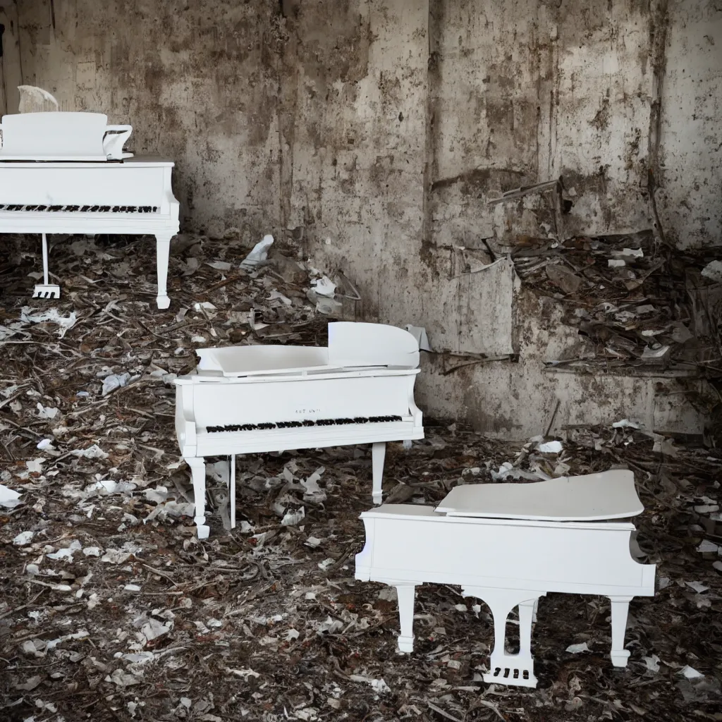 Image similar to White grand piano with damaged keys in an abandoned mansion