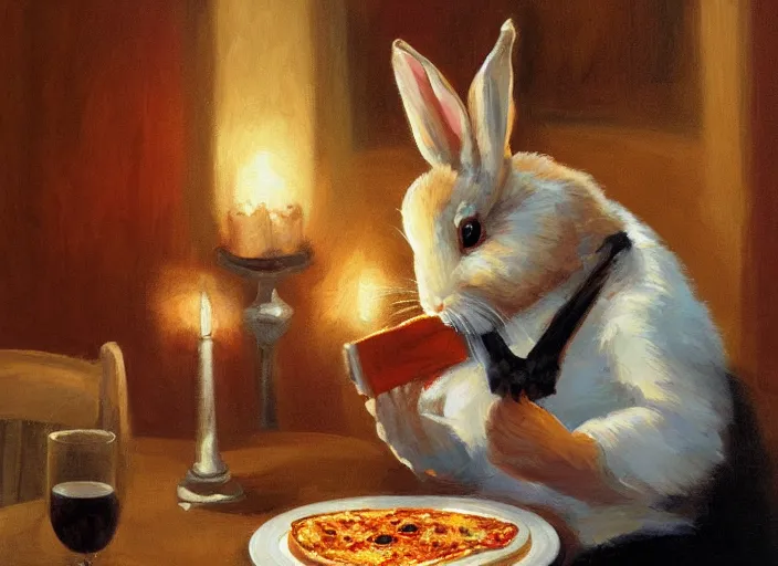 Image similar to a highly detailed beautiful portrait of a bunny at a restaurant, eating pizza, candle lit dinner, by gregory manchess, james gurney, james jean