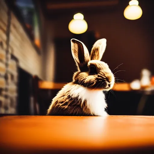 Prompt: detailed medium shot low angle image, deep depth of field of fluffy brown rabbit sitting behind the table smoking cigarette, smoke comes up, face full of tiredness, in front of it cup of coffee with milk in hipsters coffee shop. volumetric lights. by roger magrini, very cohesive, masterpiece, artstation trending