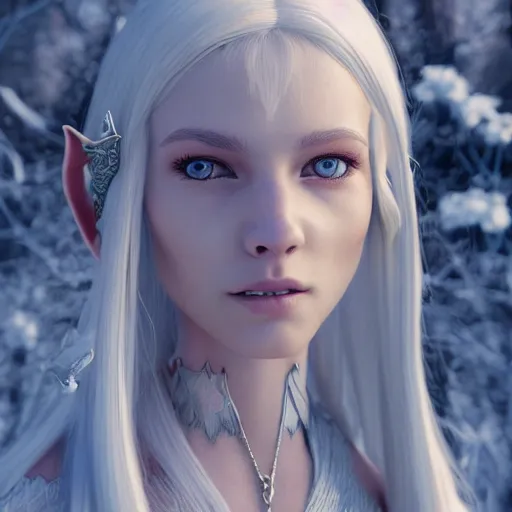 Image similar to a highly detailed elf in full length, with white long hair, white clothes, bright blue eyes, artstation, DeviantArt, professional, octane render