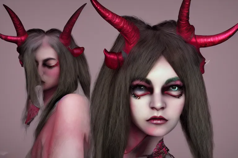 Prompt: pretty demon girl with horns photograph in the style of ray caesar, colorful, realistic, 8 k,