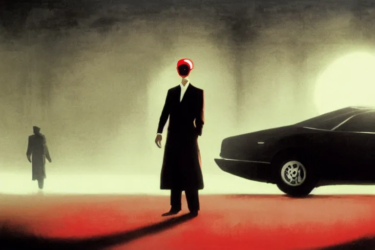 Prompt: orientalist portrait of a slender man with short hair and rounded sunglasses, smiles in despair, atmospheric and obscure, standing in a parking lot, surrounded by mist and red lights, by roger deakins, cinematography, syd mead, phil hale, 5 0 mm