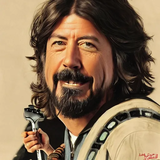 Prompt: wookie dave grohl, flying millenium falcon, hans solo playing drums in background, hyperrealism