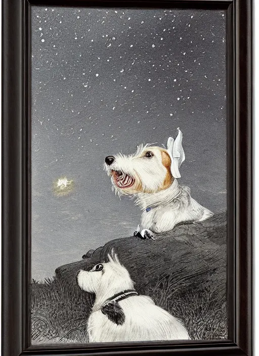 Image similar to portrait of jack russel dog looking up and howling with mouth open sad, night sky, highly detailed, side view, illustrated by peggy fortnum and beatrix potter and sir john tenniel