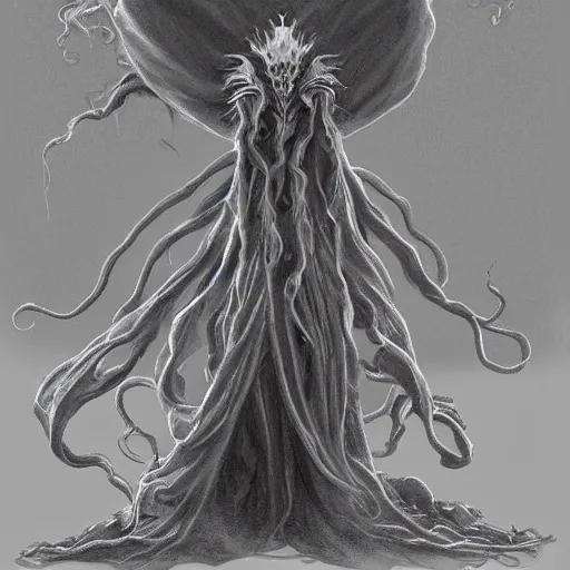 Image similar to concept designs for an ethereal ghostly wraith like figure made from wispy billowing smoke and sparks of electricity with a squid like parasite latched onto its head and long tentacle arms that flow lazily but gracefully at its sides like a cloak while it floats around a frozen rocky tundra in the snow searching for lost souls and that hides amongst the shadows in the trees, this character has hydrokinesis and electrokinesis for the resident evil village video game franchise with inspiration from the franchise Bloodborne and the mind flayer from stranger things on netflix in the style of a marvel comic