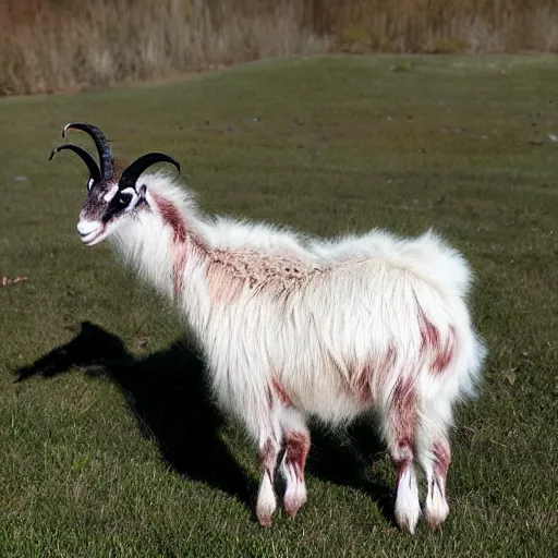 Image similar to horror, screeching mutant goat monster with big sharp teeth and filthy white matted fur