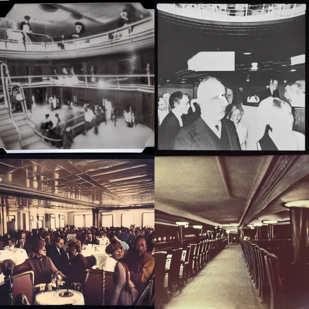 Prompt: Polaroid photo of inside the titanic in the 1970's colored , award winning