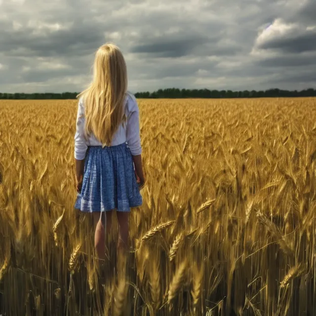 Image similar to A girl standing in a field, facing the wheat field, with the woods behind her