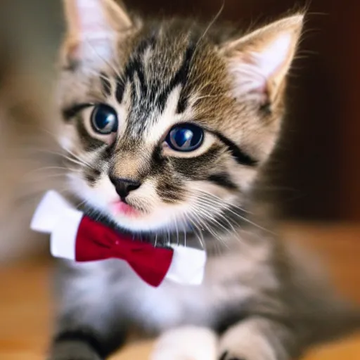 Image similar to a photograph of a kitten wearing a bowtie