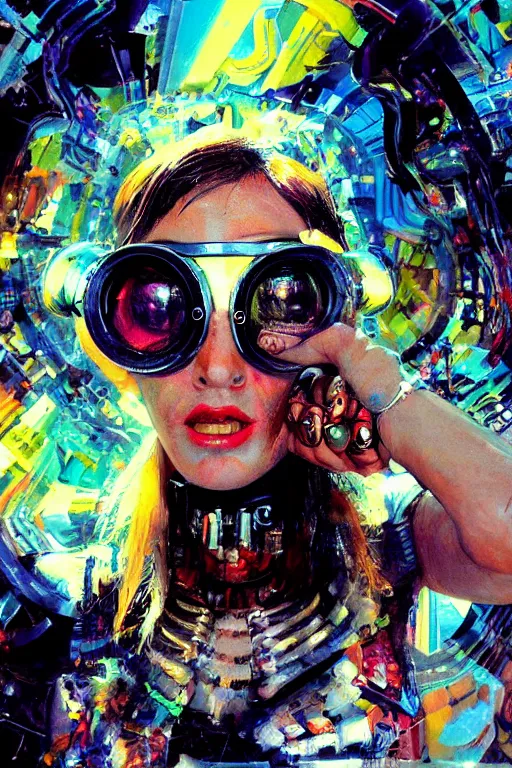 Prompt: portrait, headshot, digital painting, an delightfully crazy, wholesome techno - shaman lady, techno goggles, synthwave, glitch, fracture, realistic, hyperdetailed, chiaroscuro, concept art, art by john berkey