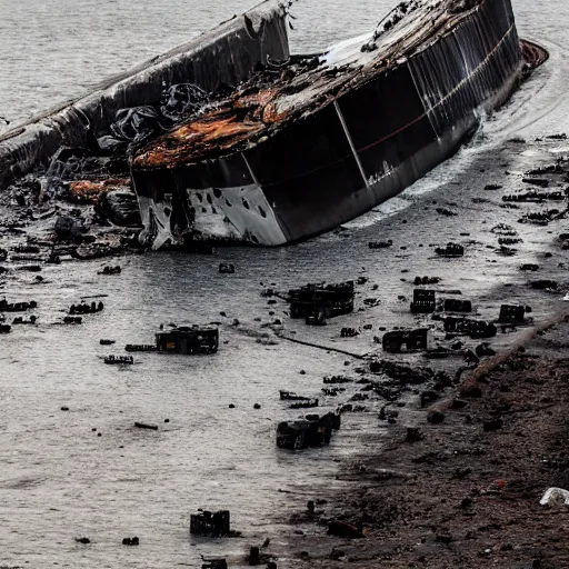 Image similar to crashed cargo ship leaking mysterious black gooey liquid, mysterious black slime, black gooey liquid leaking out of crashed cargo ship, apocalyptic, ruined, container ship, crashed, 8 5 mm f / 1. 4