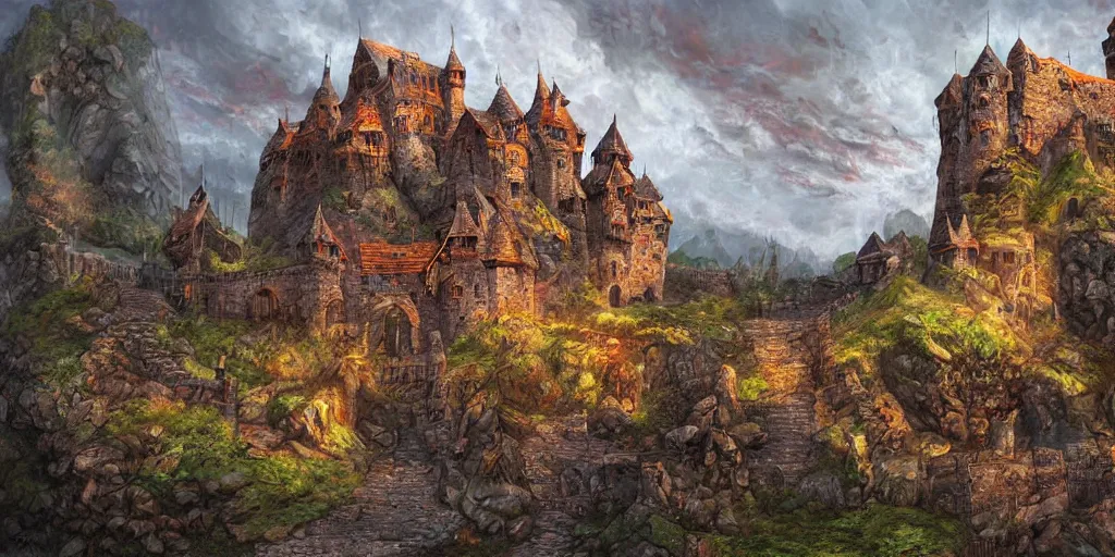 Image similar to A stunning fortress ran by dwarves, medieval style, digital art, masterpiece